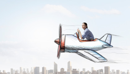 Woman in drawn airplane . Mixed media