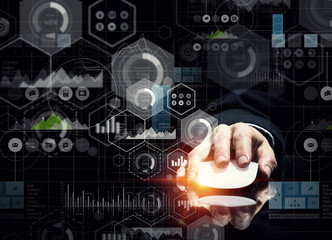 Businessman using wireless mouse . Mixed media