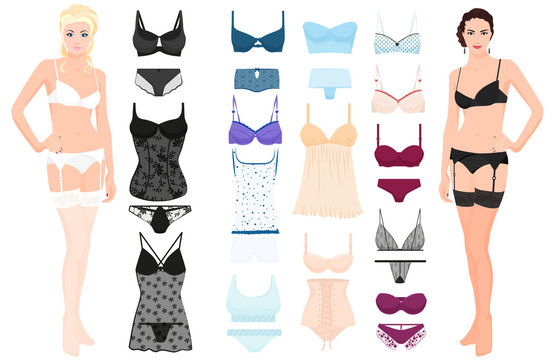 Set of lingerie elements with beautiful fashion models posing in sexy lacy lingeria underwear. Lingerie icons collection.