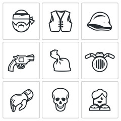 Vector Set of criminal Biker Club Icons. Biker, Jacket, Helmet, Weapon, Drugs, Motorcycle, Glove, Skull, Prostitution.