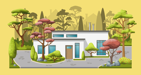 Illustration of a modern family house with trees