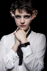 Modern digital smart watch wearable tech on a fashionable gothic female model