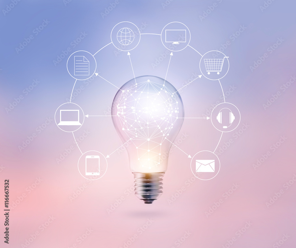 Poster light bulb circle global and icon customer network connection, pastel color