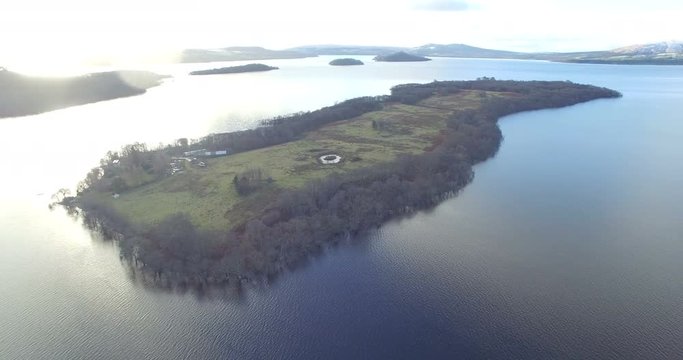 Aerial: Island in the Scottish Highlands during a beautiful clear winters day, Scotland