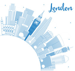 Outline London Skyline with Blue Buildings and Copy Space.