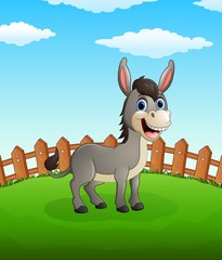 Happy donkey cartoon on the field