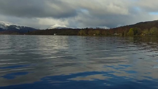 Aerial: Loch Tay in the Scottish Highlands during a clear winters day with snow on Ben Lawers, Scotland
