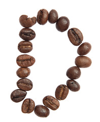 Isolated Alphabet; D make from coffee bean on white background