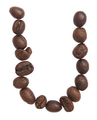 Isolated Alphabet; U make from coffee bean on white background