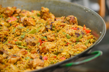 Traditional spanish dish paella with prawns and mussels
