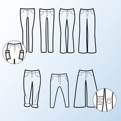 Different types of women trousers and pants / Line vector icons set. Thine line icons