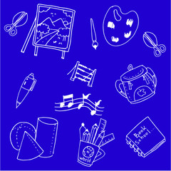 School supplies doodles on blue backgrounds