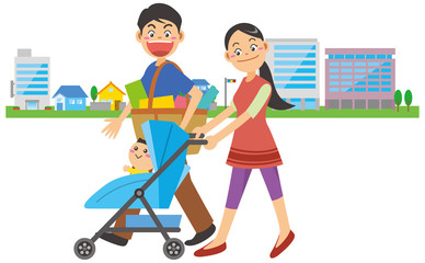 赤ちゃんが乗っているベビーカーを押す買い物帰りの夫婦のイメージイラスト（背景街並みあり）