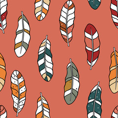 Hand drawn feathers seamless pattern. Vector illustration.