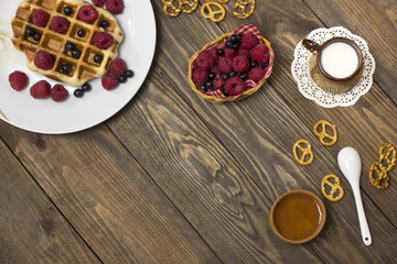 dessert, waffles with berries top view