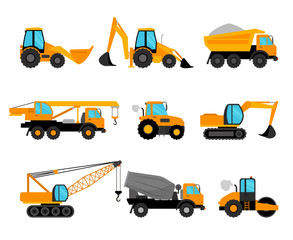 Construction machinery and building construction equipment icons on white background. Vector illustration