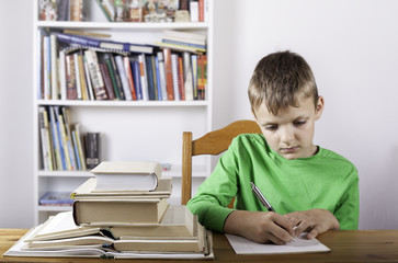 Student boy with book writing to notebook at home