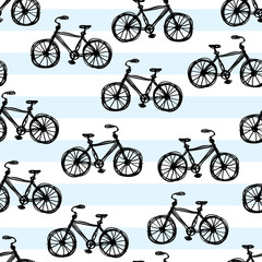 Fun Doodle Bicycle Striped Seamless Repeat Wallpaper Tile - Black, Light Blue and White - 116673947