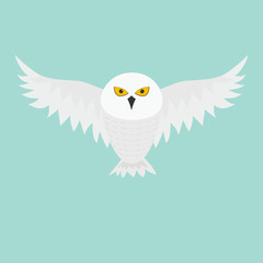 White Snowy owl. Flying bird with big wings. Yellow eyes. Arctic Polar animal collection. Baby education. Flat design. Isolated. Blue sky background.