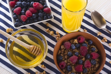 Muesli with fresh berries, honey and orange juice.
