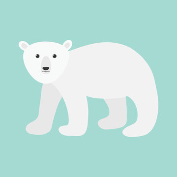 Arctic polar bear cub. Cute cartoon baby character. Flat design. Blue background. Isolated. Winter time.