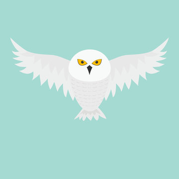 White Snowy owl. Flying bird with big wings. Yellow eyes. Arctic Polar animal collection. Baby education. Flat design. Isolated. Blue sky background.