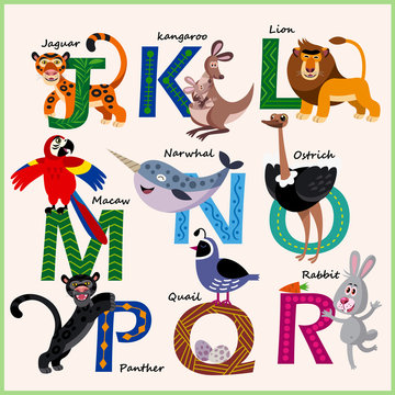 Kids vector Zoo alphabet with animals in cartoon style on a white background. Part 2.