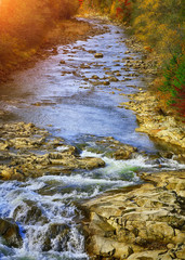 Autumn creek woods  and rocks in forest mountain.