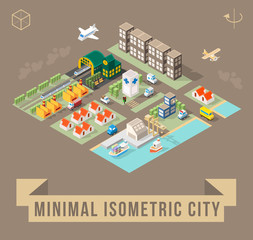 Set of Isolated Isometric Minimal City Elements. Town with Shadows on Dark Background.