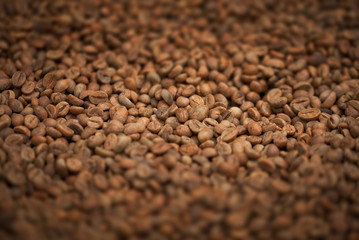 Fresh fried coffee beans close-up