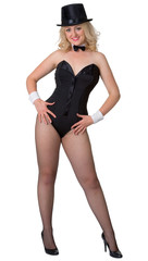 Young woman in a dance costume on a white background full-length