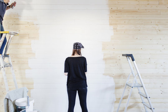 Rear view of woman painting wooden wall