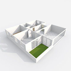 3d interior rendering perspective view of empty paper model home apartment with balcony