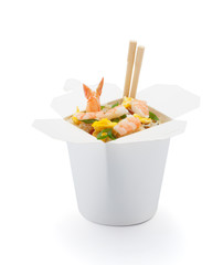 shrimp teriyaki with japanese rice in box isolated on white background