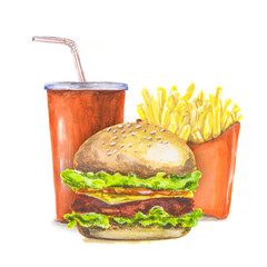 Watercolor fast food. Red pocket of french fries, red cola cup and fresh delicious burger on white background.