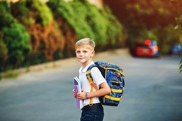 Elementary school student with books. Behind the boy's school backpack.