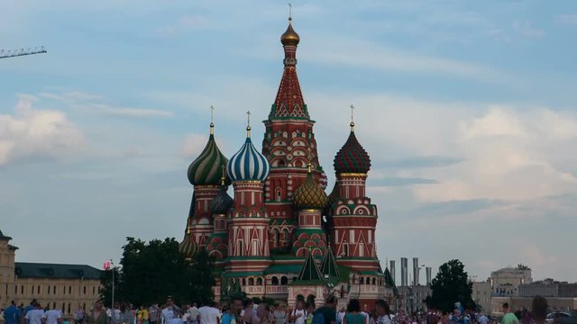 Saint Basil Cathedral on Red Square. One of the most popular landmark in Russia. The building is shaped as a flame of a bonfire rising into the sky.  Hyperlapse. Time-lapse in motion. 