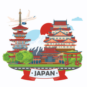 Gorgeous Japan travel poster - travel to Japan. Word - Japan in Japanese. Sentence -  Land of the rising sun in Japanese words. Vector illustration with travel place and landmark.