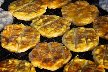 Rice fried cakes. Open market in Thailand