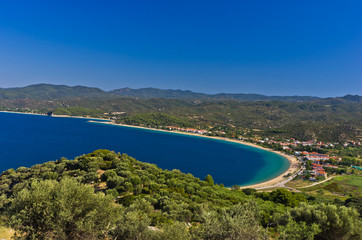 Fototapeta na wymiar View of Toroni bay, aerial photo at morning from the top of a hill, Sithonia, Greece