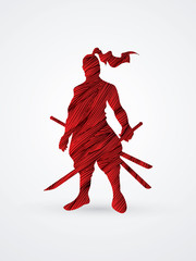 Samurai standing ready to fight designed using red grunge brush graphic vector.