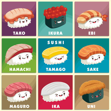 Vintage Sushi poster design with vector sushi character. Chinese word means sushi.