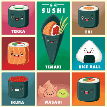 Vintage Sushi poster design with vector sushi character. Chinese word means sushi.