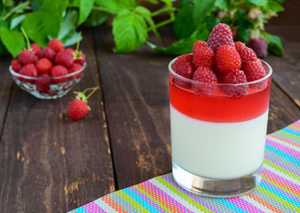 Summer dessert with cream and raspberry jelly, decorate with fresh berries in a transparent glass.