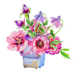 Pink, violet peony watercolor, vintage illustration