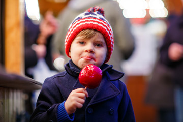 little kid boy eating crystalized apple on Christmas market