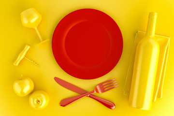 Table setting with empty red plate, glass and wine bottle. Top v