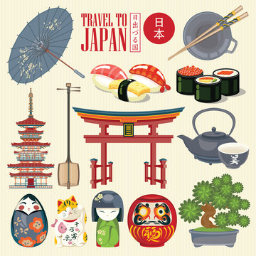 Gorgeous Japan travel poster - travel to Japan. Word - Japan in Japanese. Sentence -  Land of the rising sun in Japanese words. Vector illustration with travel place and landmark.