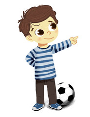 Niño señalando con balón de fútbol 