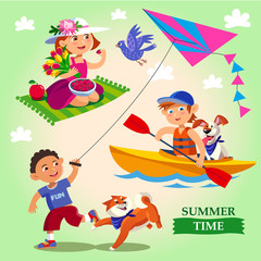 Spring and summer child's outdoor activities. Happy childhood. Vector set on a yellow-green background in cartoon style